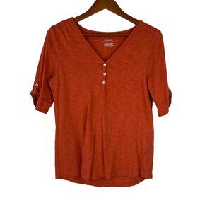 Chicos The Ultimate Tee Size Medium Henley Button 3/4 Sleeve Cotton Modal Orange